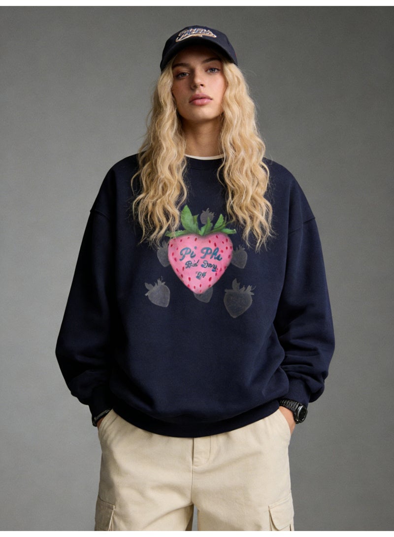 BM INS Navy Blue "Pi Phi Bid Day 24" Strawberry Graphic Oversized Crew Neck Sweatshirt | Unisex Pullover With Hand-Painted Print - Image 5